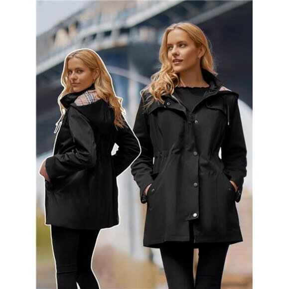Women's Long Hooded Rain Jacket - Waterproof Outdoor Raincoat Windbreaker, Black - Picture 3 of 7